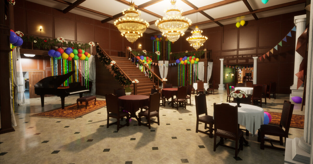 Official Meccha Chameleon Steam screenshot showing a large decorated stage used for hiding routes.