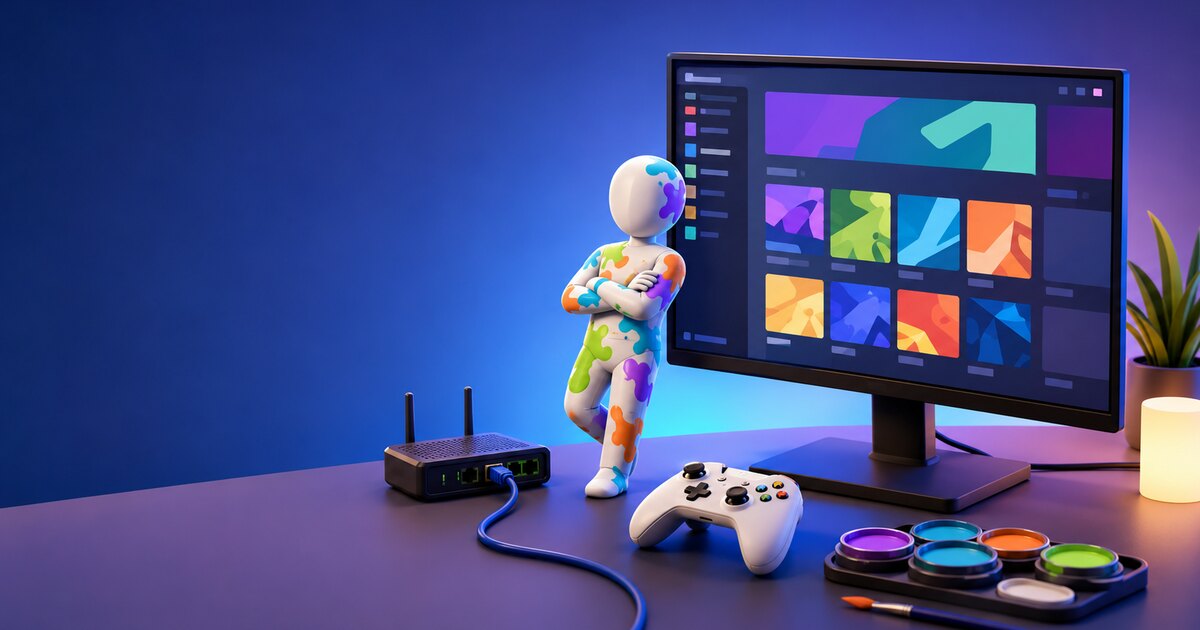 Guide illustration of a PC gaming setup with a painted faceless player figure, router, controller, and abstract game library.