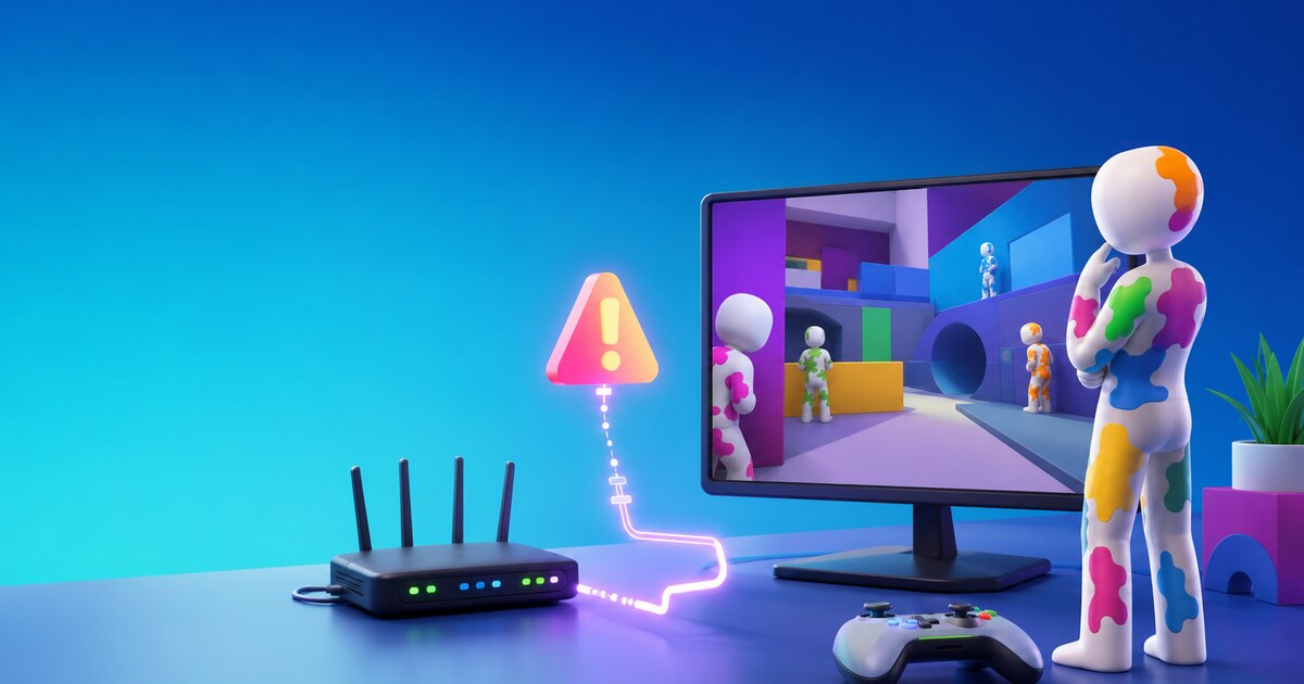Guide illustration of a multiplayer game troubleshooting setup with a router, warning symbol, controller, and painted player figure.