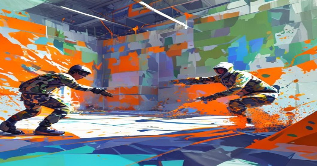Stylized illustration of a paint-and-hide arena with two players blending into a brightly painted wall.